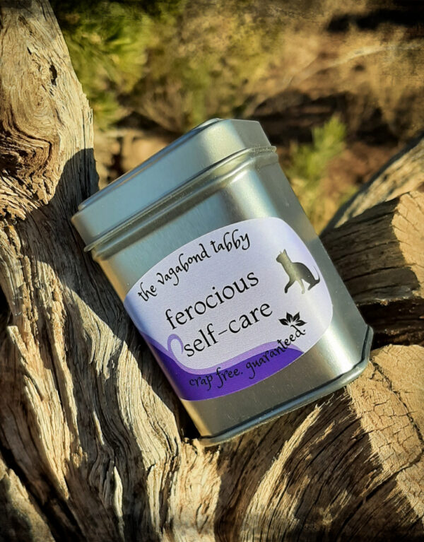 A metal tin; the label says ferocious self-care.