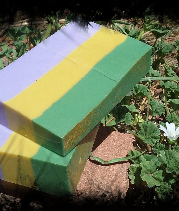 Two bars of soap, striped in green, yellow, and purple.