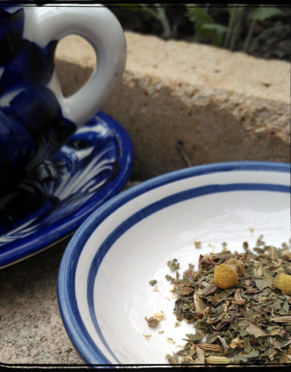 A blue and white saucer holds a scattering of tea; next to it sits a matching blue teacup.