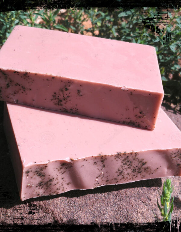 Two bars of medium brown soap sprinkled with black pepper.