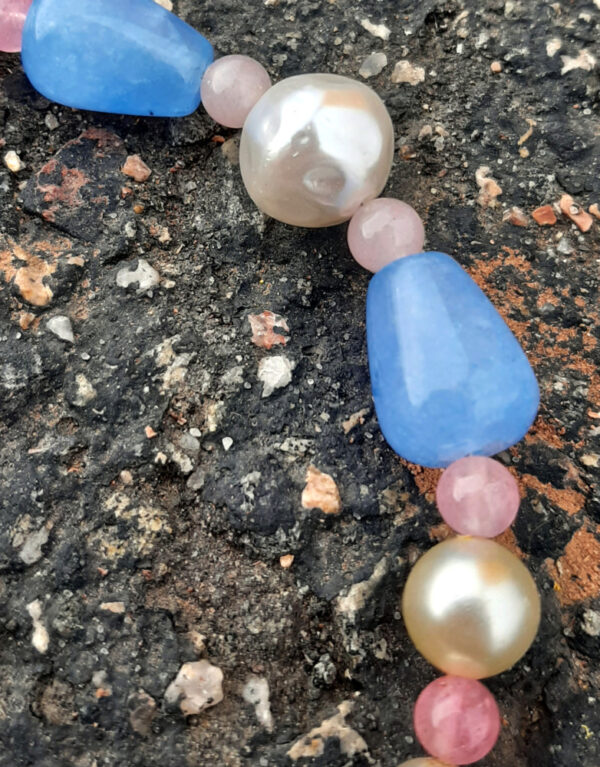 A close view of the beads -- the pink and white ones are all spheres; the pink are small and the white ones bigger.