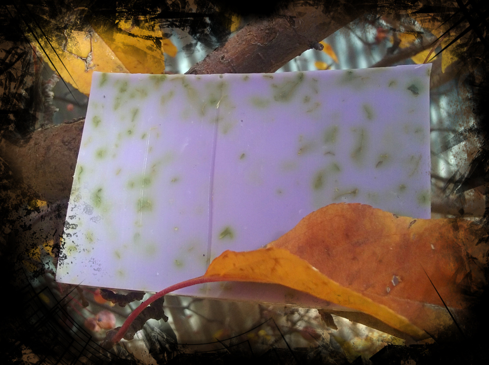 A single bar of soap, purple speckled with green herbs.