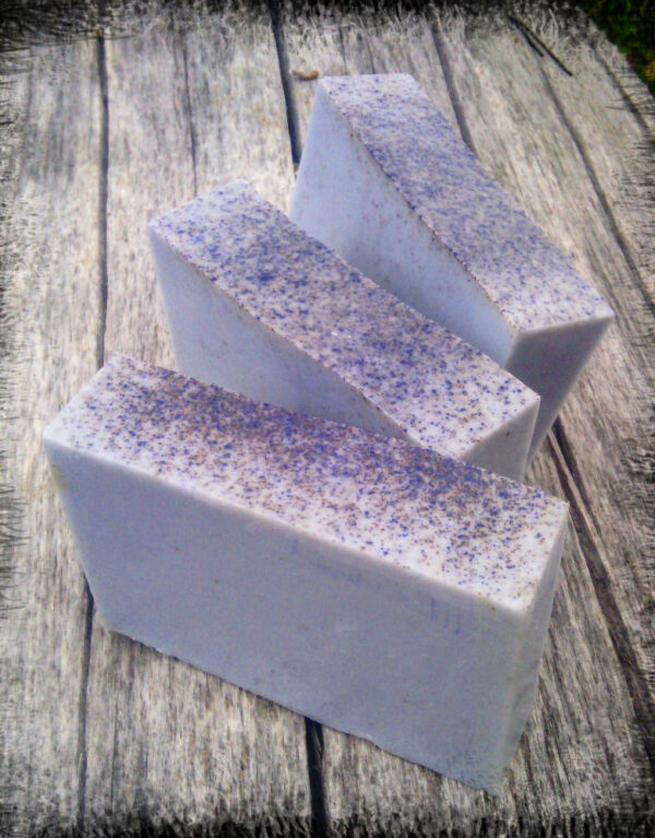 Three bars of blue-grey soap.