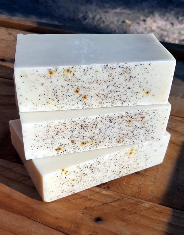 Three bars of speckled bone-pale soap.