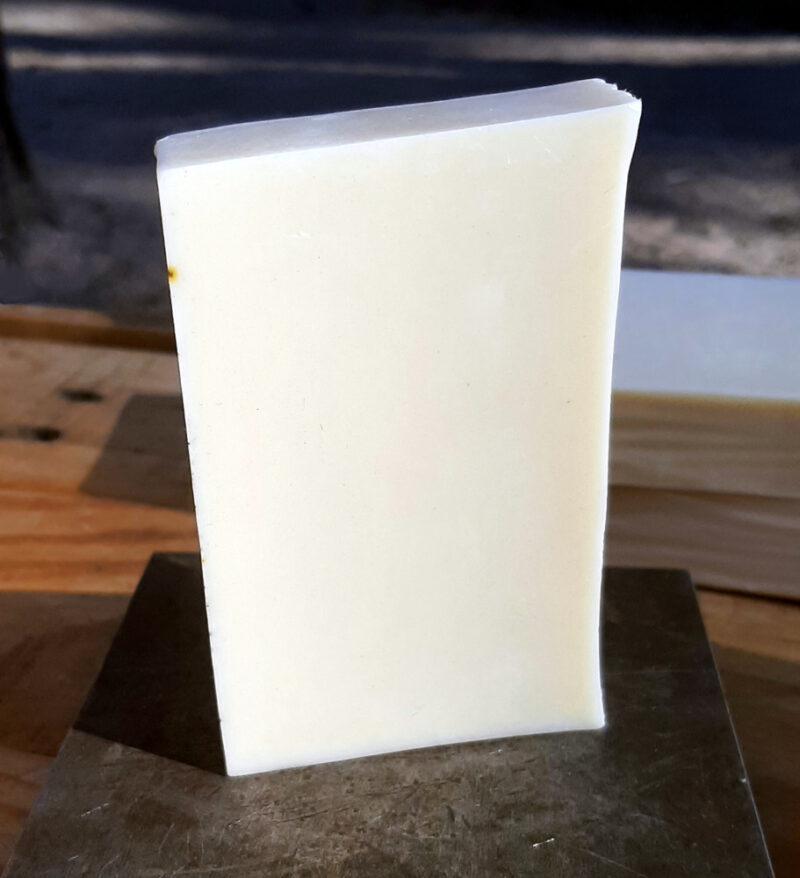 A bar of speckled bone-pale soap.