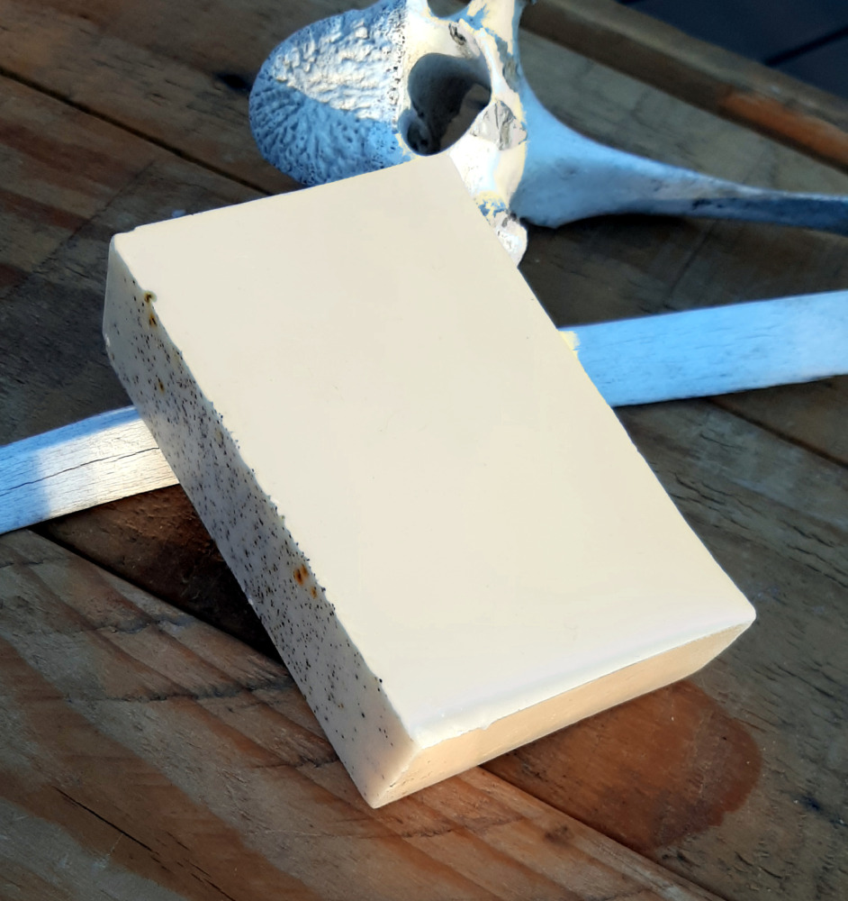 A bar of speckled bone-pale soap.