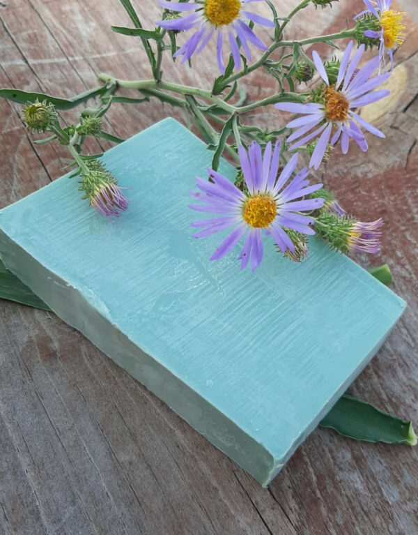 A single bar of softly green soap.